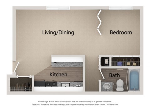 Floor plan for 1 bed, 1 bath, 478 sqft